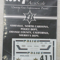 Code 7 1/43 74004 Asheville NC Police & Orange County CA Sheriff Decals 4 Models