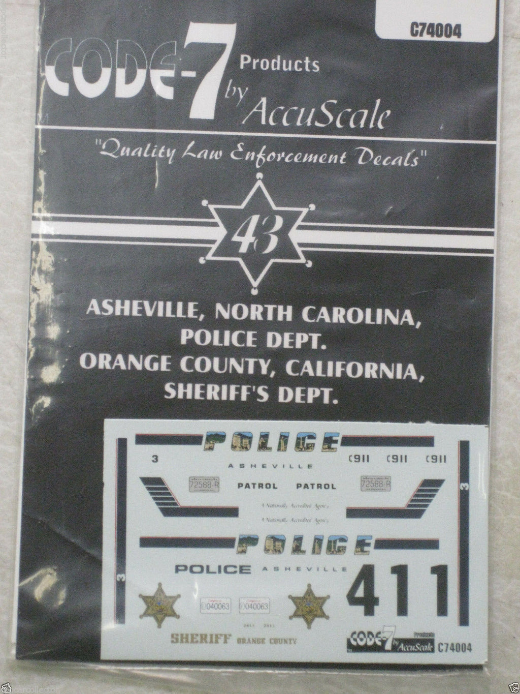 Code 7 1/43 74004 Asheville NC Police & Orange County CA Sheriff Decals 4 Models